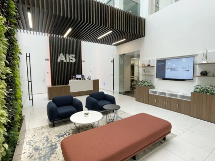 Ais headquarters lobby featuring calibrate reception and storage and lb ottomans md
