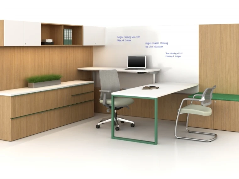 Calibrate private office with whiteboard wall panels and cantilevered height adjustable desk in up position md