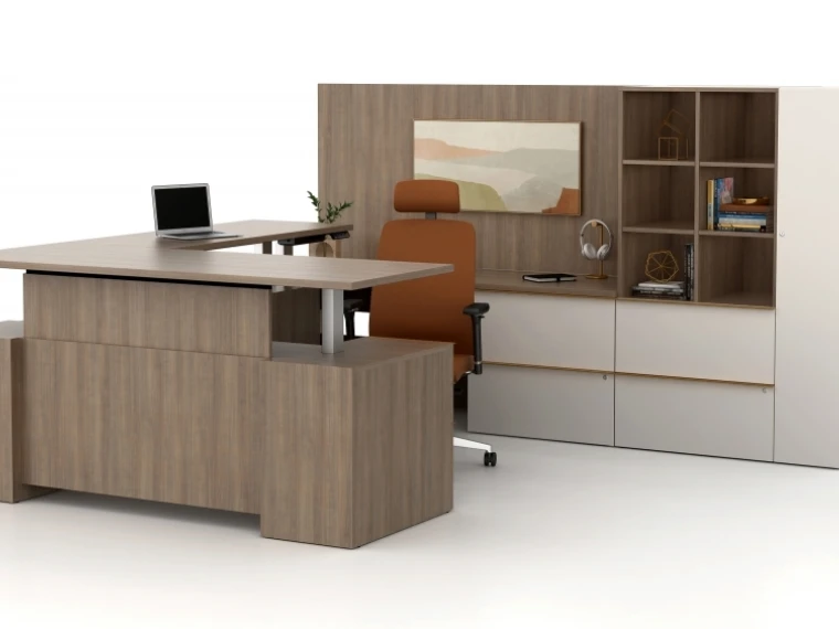 Calibrate private office with floating height adjustable desk in up position with wall panel and storage md 3