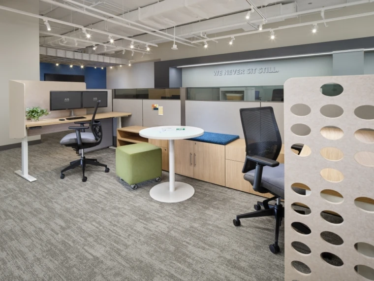 Matrix open plan offices with day to day occasional table for impromptu meetings shown with devens task seating and volker stool md