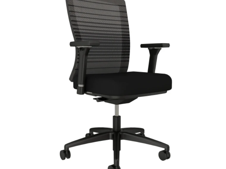 Natick black base black mesh 4d arms with standard black fabric seat front left view sm