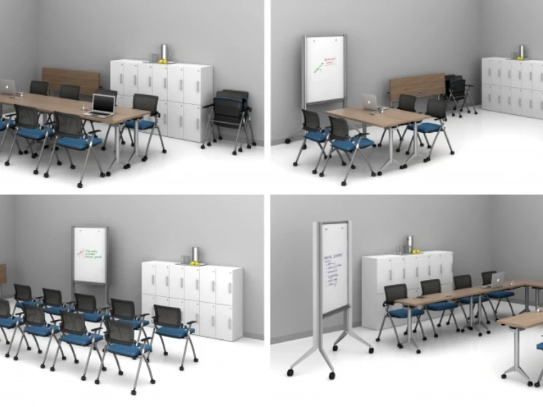 Day to day 18 flip top tables and stow seating shown 4 ways in one room md