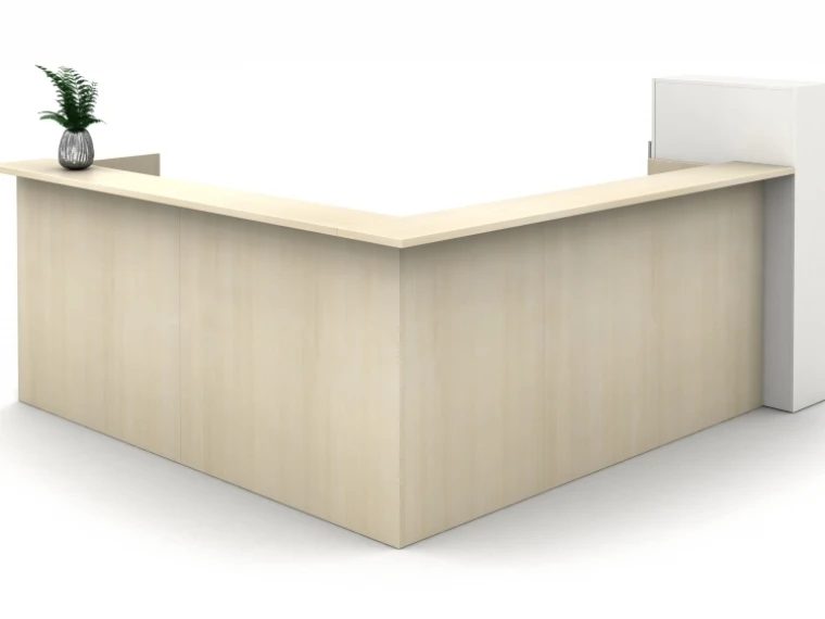 Calibrate laminate casegoods reception station exterior view with true white storage tower md