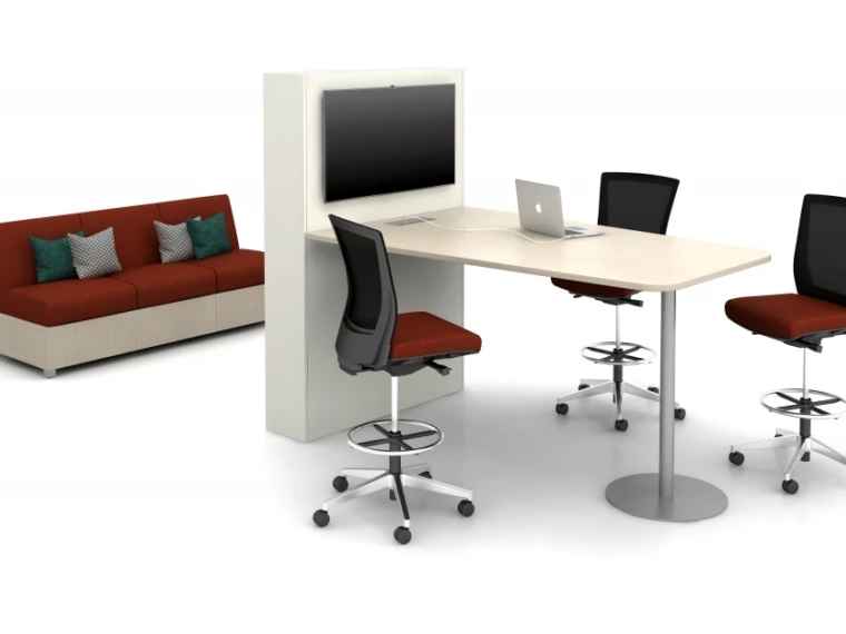 Day to day collaborative tables with key top mounted on tower base shown with lb lounge upton stool md