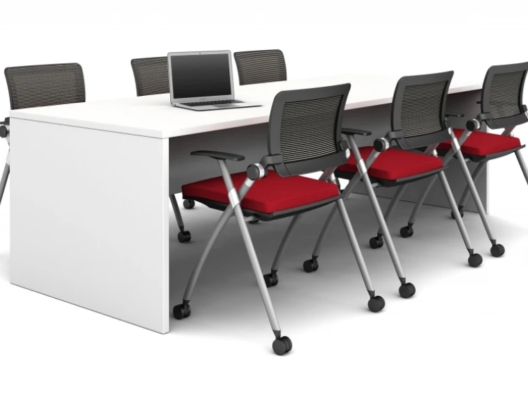 Calibrate end panel table with stow seating 2 md