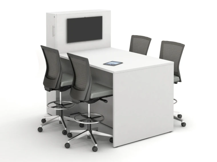 Calibrate conferencing standing height table with locker incorporated panel end ideal for monitor mountingshown with upton stools md