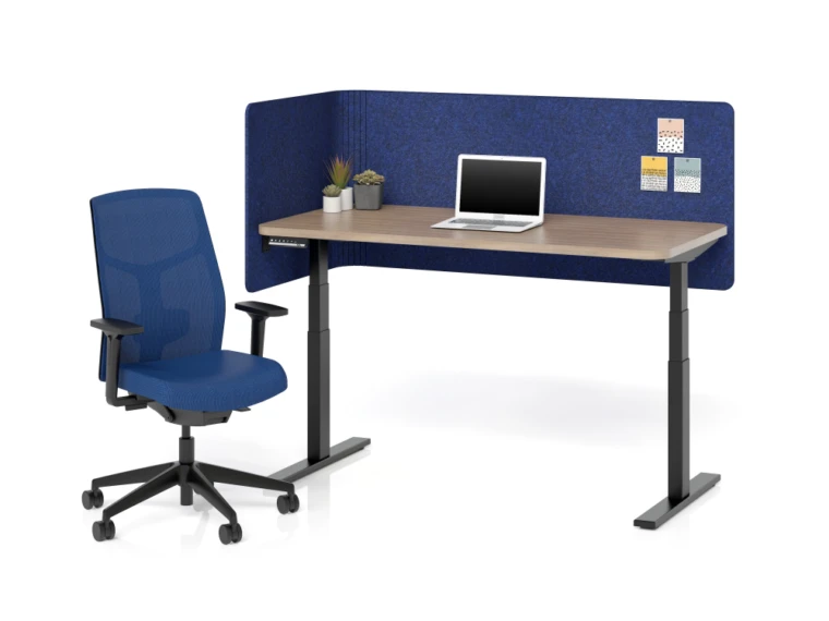 Height adjustable table with radius corner and radius corner pet l wrap screen shown with chelsea in 3d knit navy md