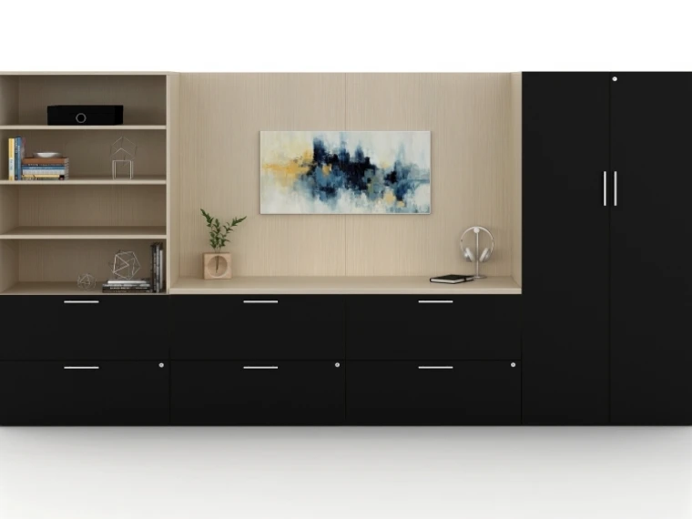 Calibrate credenza with wall panels and storage elements md