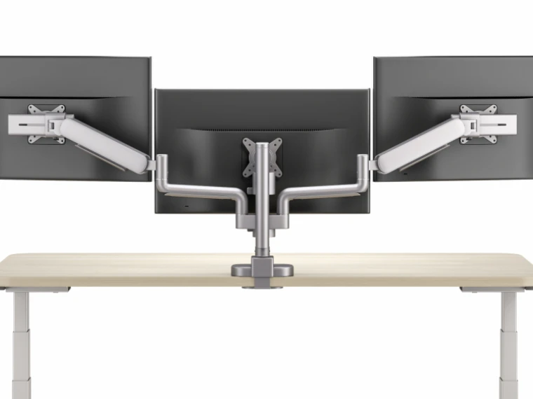 Performance series monitor arms triple arm in silver back view md