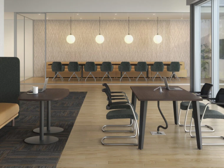 Day to day table with power and soft privacy lounge in collaborative environment md