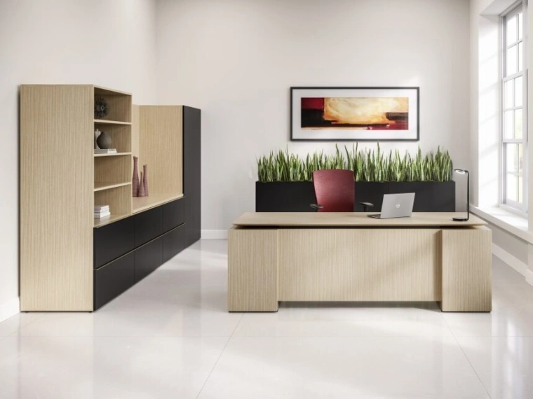 Calibrate private office with executive floating height adjustable desk shown with calibrate planters md