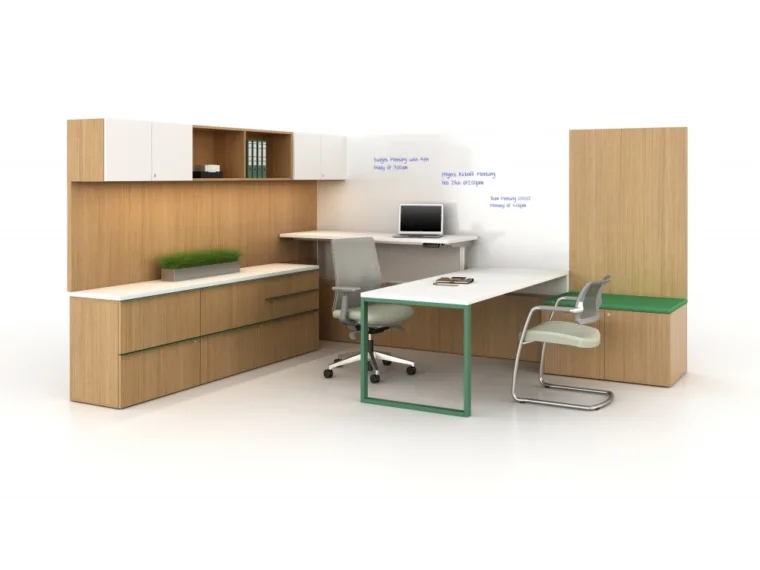 Calibrate private office with whiteboard wall panels and cantilevered height adjustable desk in up position md