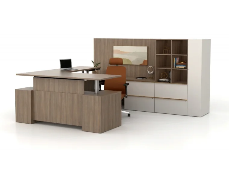 Calibrate private office with floating height adjustable desk in up position with wall panel and storage md 3
