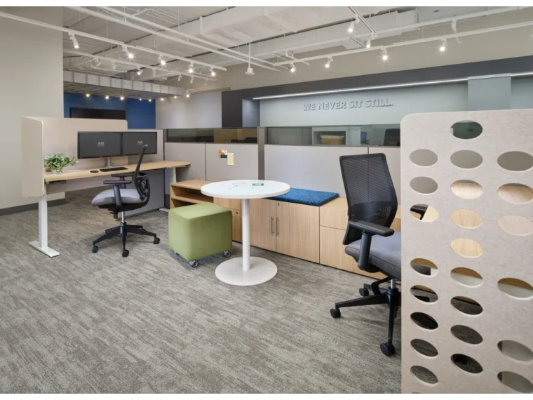 Matrix open plan offices with day to day occasional table for impromptu meetings shown with devens task seating and volker stool md