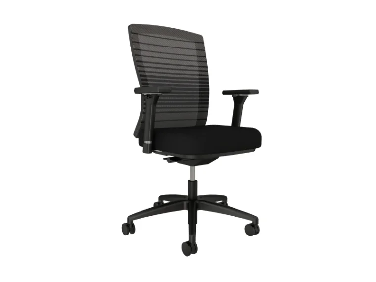 Natick black base black mesh 4d arms with standard black fabric seat front left view sm