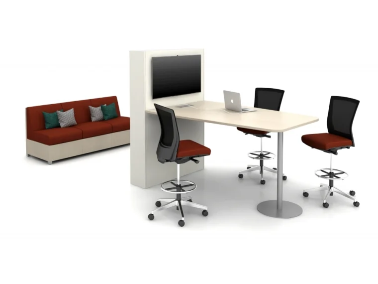 Day to day collaborative tables with key top mounted on tower base shown with lb lounge upton stool md