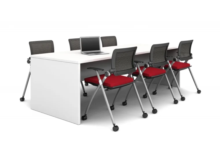 Calibrate end panel table with stow seating 2 md