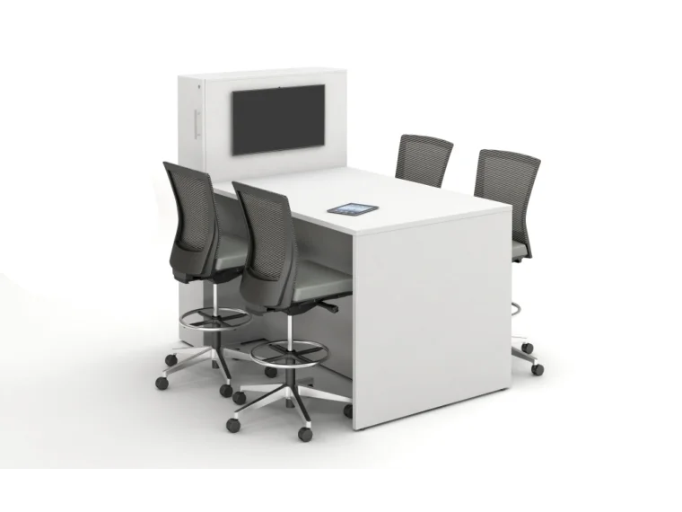 Calibrate conferencing standing height table with locker incorporated panel end ideal for monitor mountingshown with upton stools md