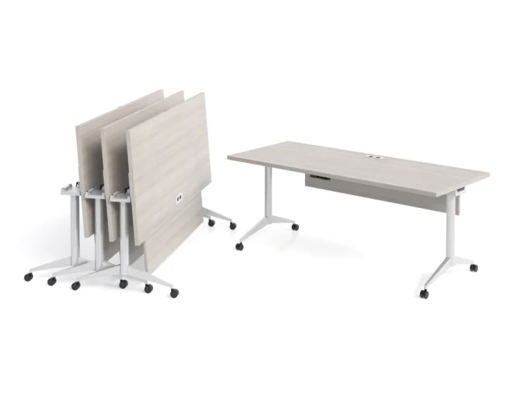Day to day flip top tables with power data and modesty panel nested together on casters md