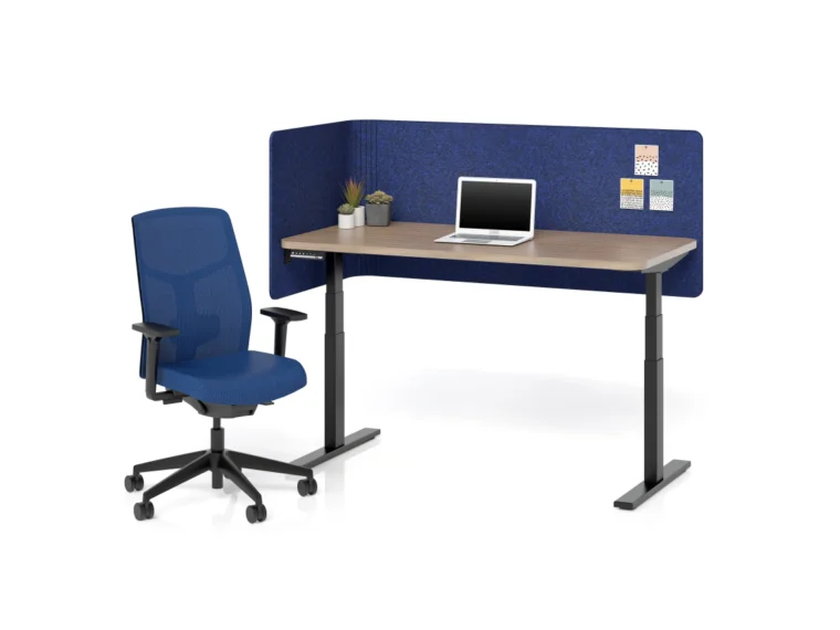 Height adjustable table with radius corner and radius corner pet l wrap screen shown with chelsea in 3d knit navy md