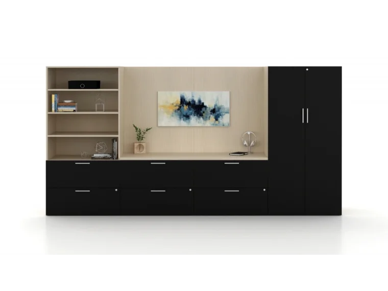 Calibrate credenza with wall panels and storage elements md