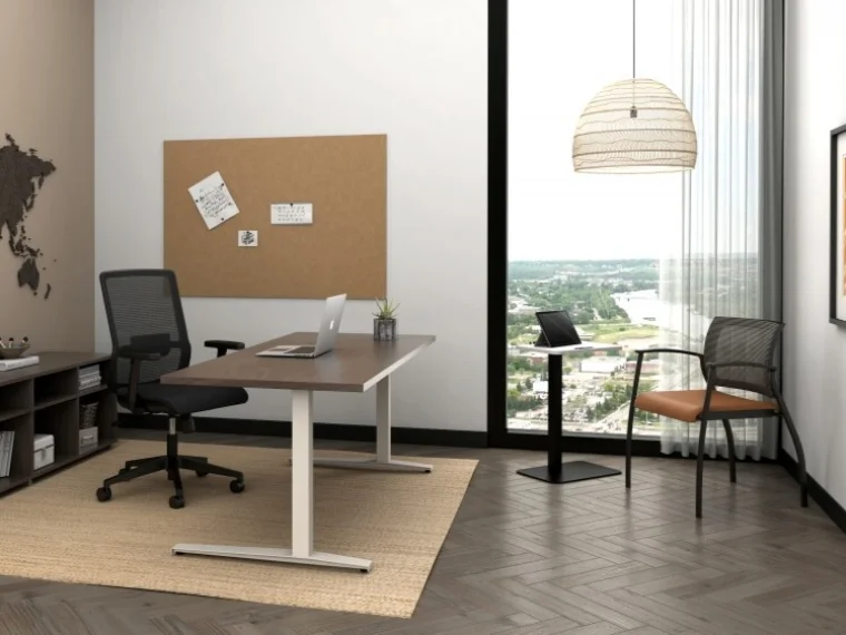 Day to day c leg table with essex task and grafton side seating shown with calibrate bookcase md