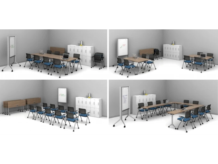 Day to day 18 flip top tables and stow seating shown 4 ways in one room md