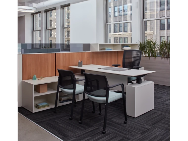 Height adjustable desk with natick task seating paxton side seating against matrix laminate panels md