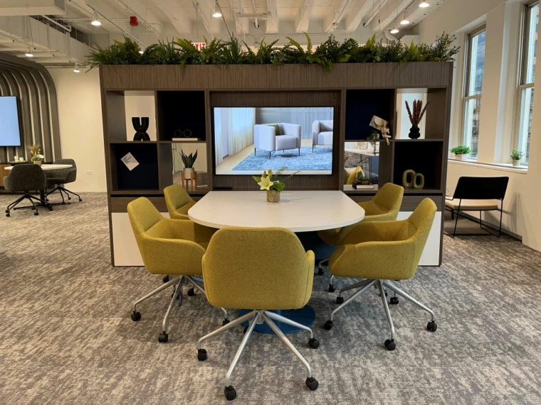 Neocon 2024 community workwall with day to day collaborative table and juggle seating md