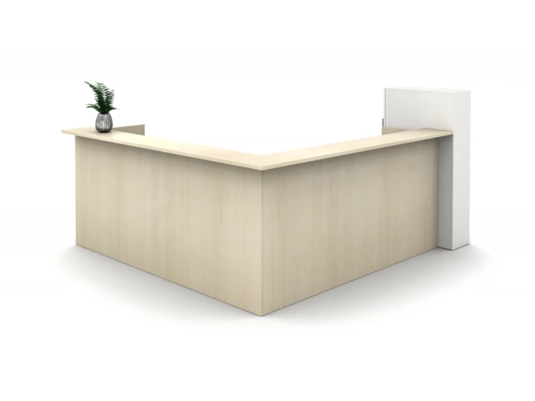 Calibrate laminate casegoods reception station exterior view with true white storage tower md