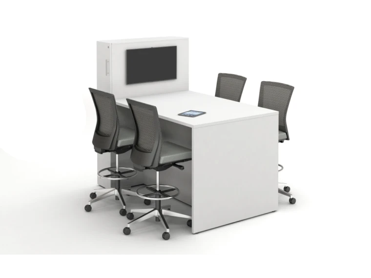 Calibrate conferencing standing height table with locker incorporated panel end ideal for monitor mountingshown with upton stools md