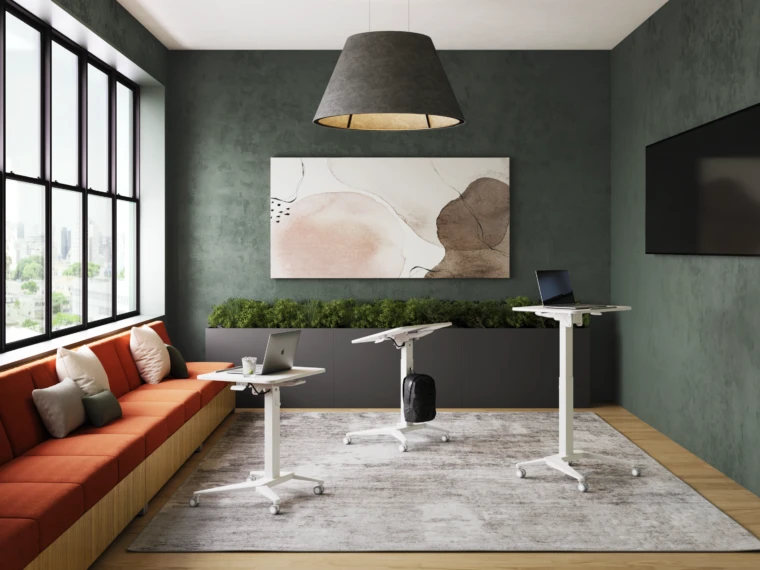 Sit to stand mobile desk in collaboration space lg