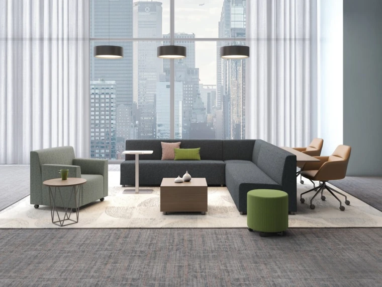Hakr modular lounge with ledge and club chair shown with juggle seating