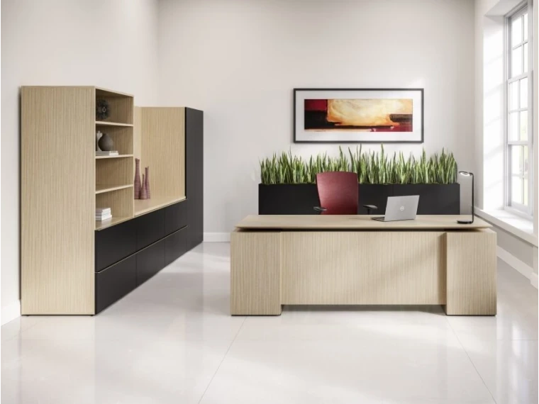 Calibrate private office with executive floating height adjustable desk shown with calibrate planters md