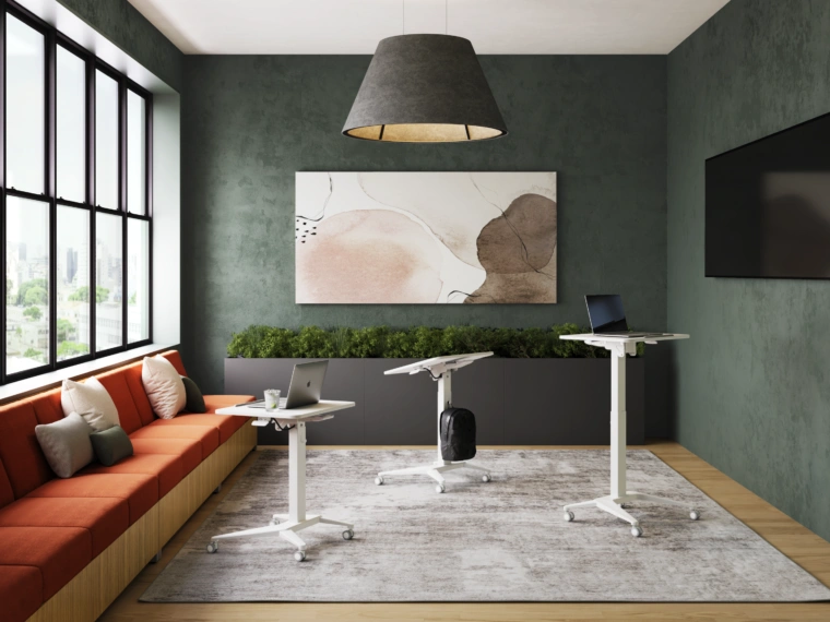 Sit to stand mobile desk in collaboration space lg
