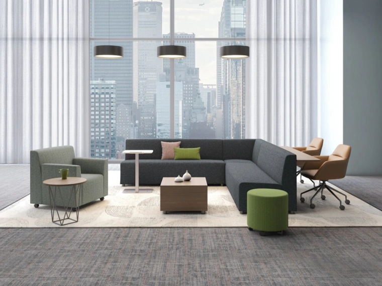 Hakr modular lounge with ledge and club chair shown with juggle seating
