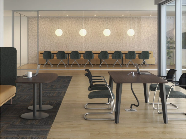 Day to day table with power and soft privacy lounge in collaborative environment md