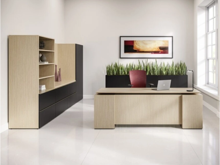 Calibrate private office with executive floating height adjustable desk shown with calibrate planters md