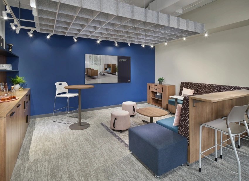 D c showroom meeting space with lb lounge and ledge day to day tables with pierce stools and calibrate storage lg