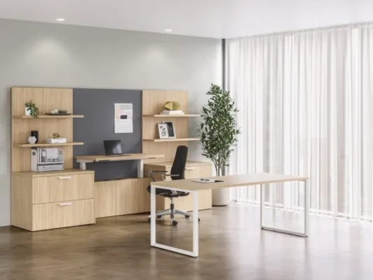 Calibrate casegoods private office with o leg desk cantilevered hat and auburn seating md