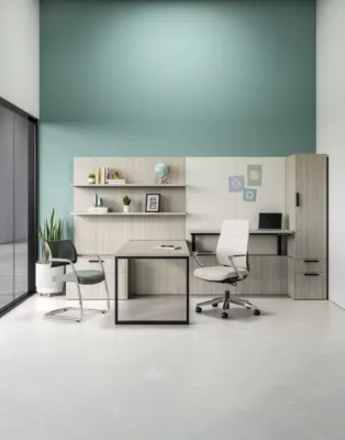 Calibrate casegoods private office with cantilevered hat and o leg desk return shown with auburn executive seating and devens side chair md