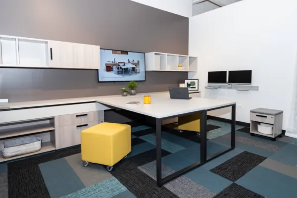 Neocon 2021 calibrate community shared office with sliding o leg tables tables together md
