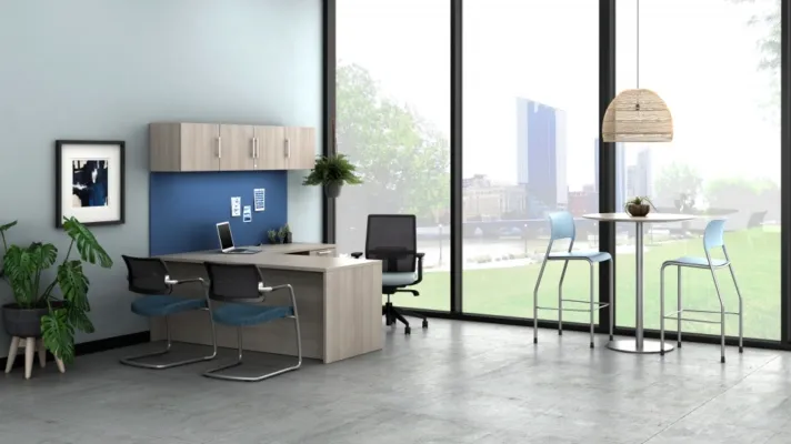Calibrate private office with day to day high top table with disc base shown with devens task and side seating and pierce stools md
