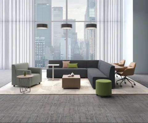 Hakr modular lounge with ledge and club chair shown with juggle seating md