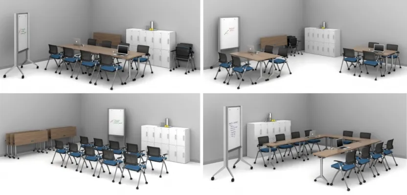 Day to day 18 flip top tables and stow seating shown 4 ways in one room md