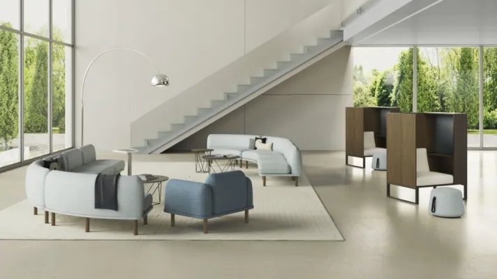Soft modular lounge with laptop table prisma tables and soft club shown with chatham cove with soft ottomans md