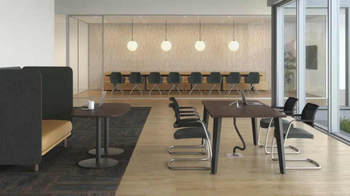 Day to day table with power and soft privacy lounge in collaborative environment md