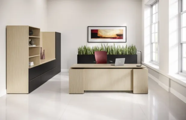 Calibrate private office with executive floating height adjustable desk shown with calibrate planters md