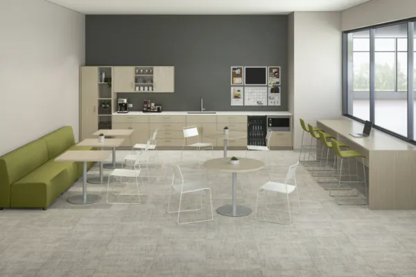 Teachers breakroom for education spaces featuring day to day and calibrate tables triad and itzee seating hakr lounge and caseworks md