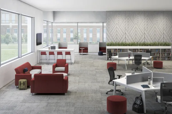 Media center for educational facilities featuring oxygen natick seating soft privacy lounge nv lounge calibrate bookcase and itzee seating md